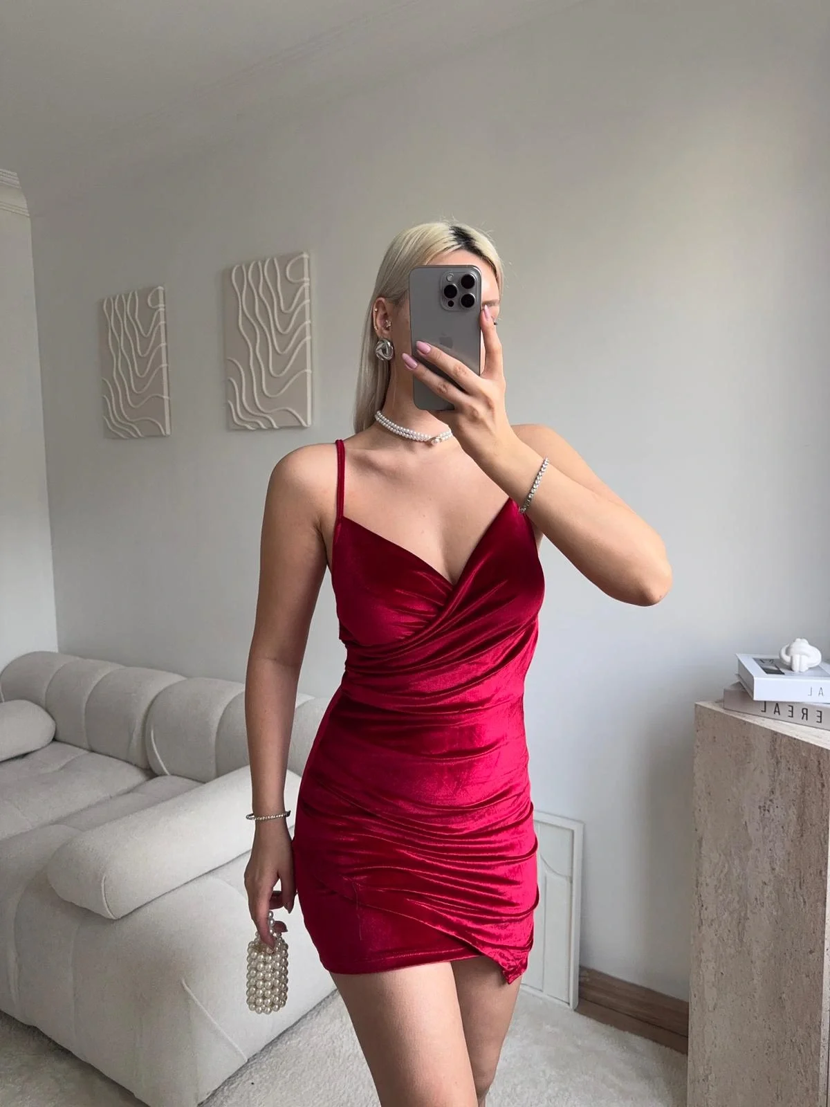 Askılı Drapeli Kadife Elbise - BORDO