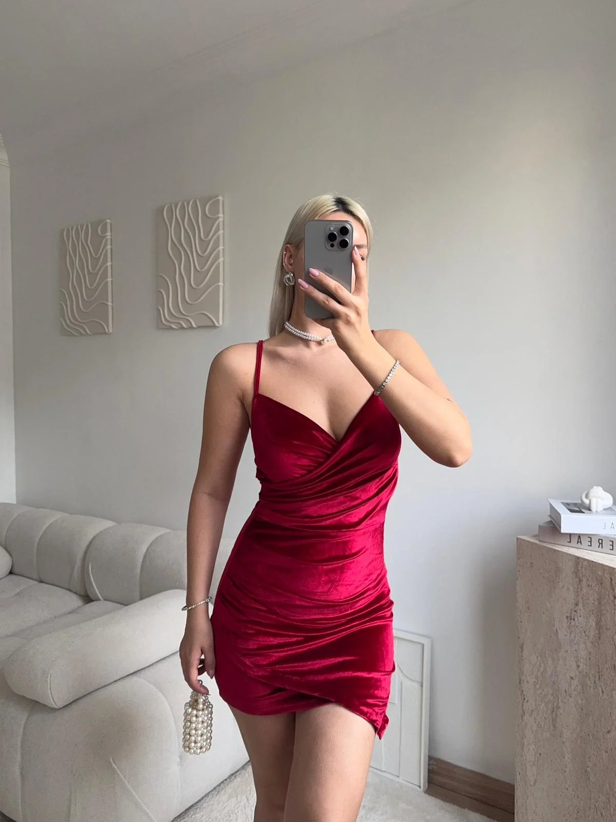 Askılı Drapeli Kadife Elbise - BORDO