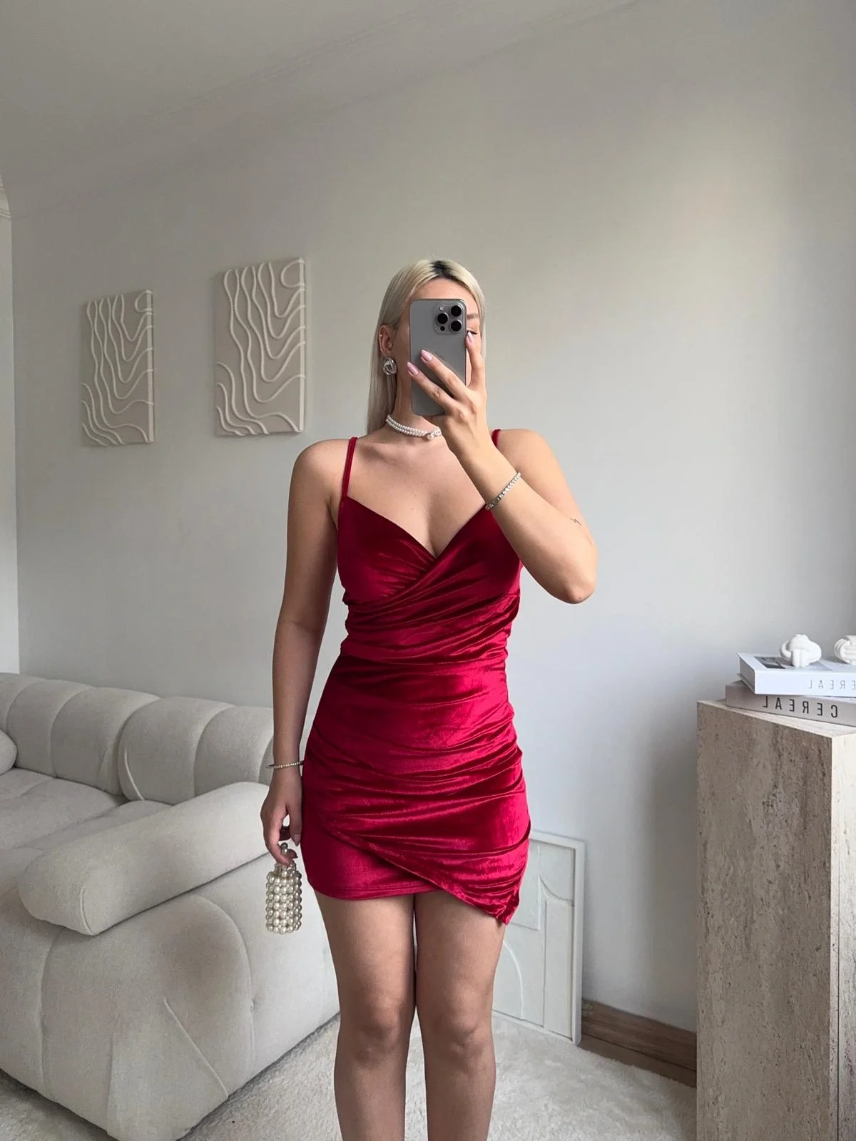 Askılı Drapeli Kadife Elbise - BORDO