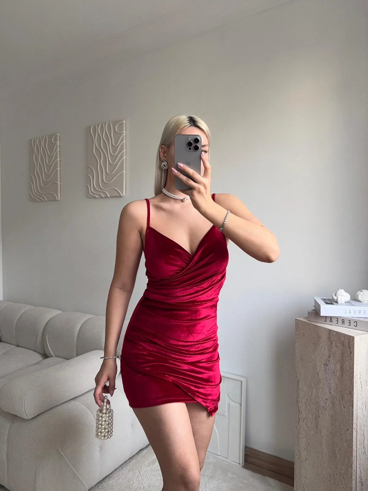 Askılı Drapeli Kadife Elbise - BORDO