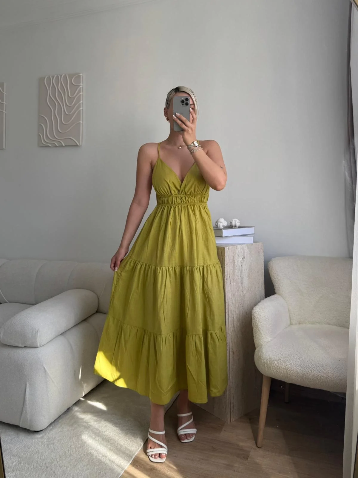 Askılı Sırt Çapraz Salaş Elbise - HARDAL