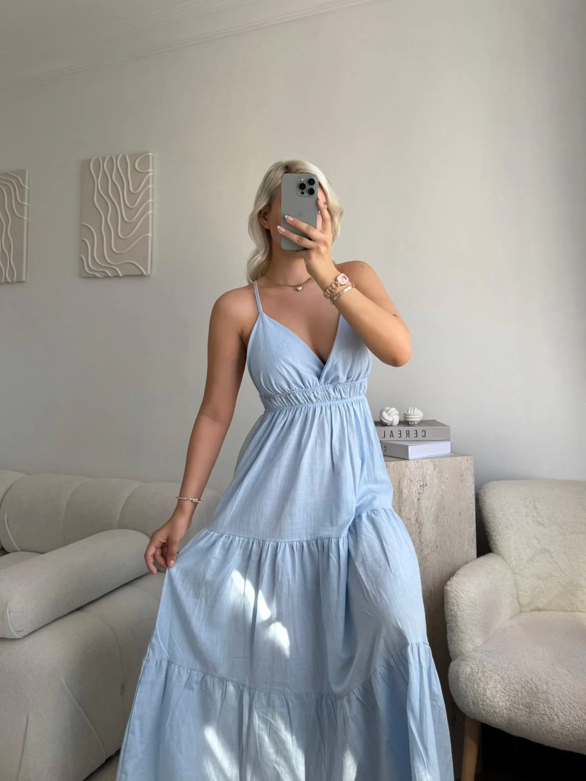 Askılı Sırt Çapraz Salaş Elbise - MAVİ