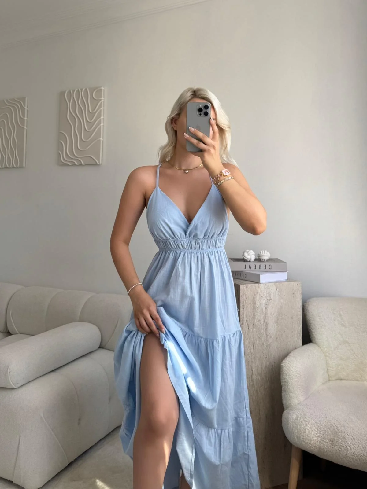 Askılı Sırt Çapraz Salaş Elbise - MAVİ