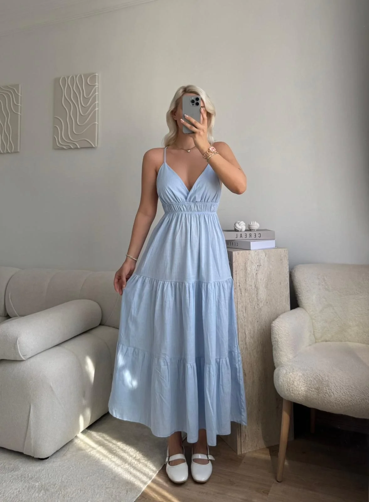 Askılı Sırt Çapraz Salaş Elbise - MAVİ