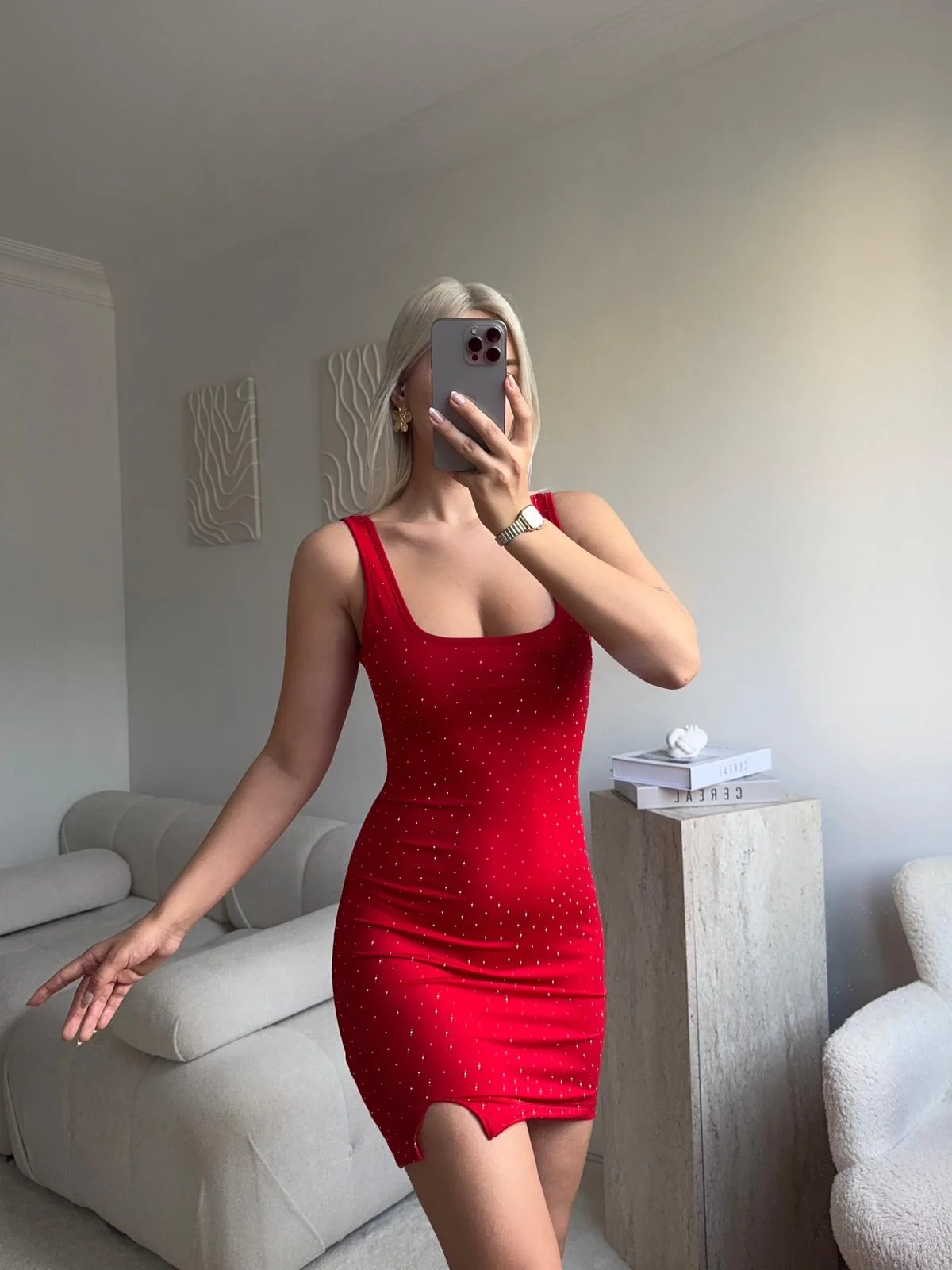 Askılı Taşlı Elbise - KIRMIZI