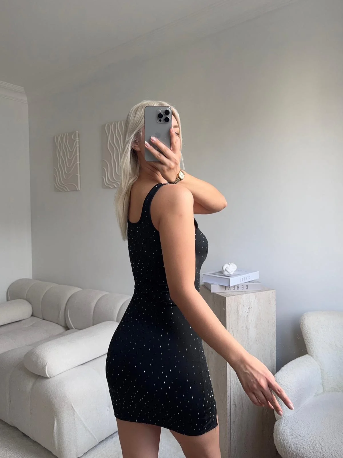 Askılı Taşlı Elbise - SİYAH