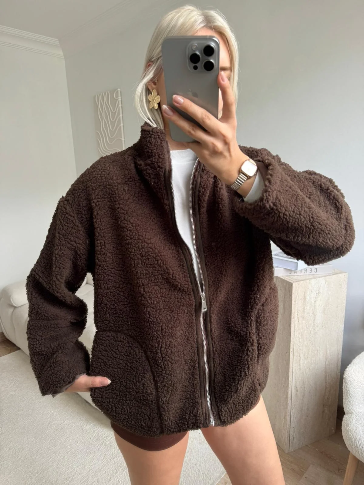 Astarlı Cozy Peluş Ceket - KAHVE