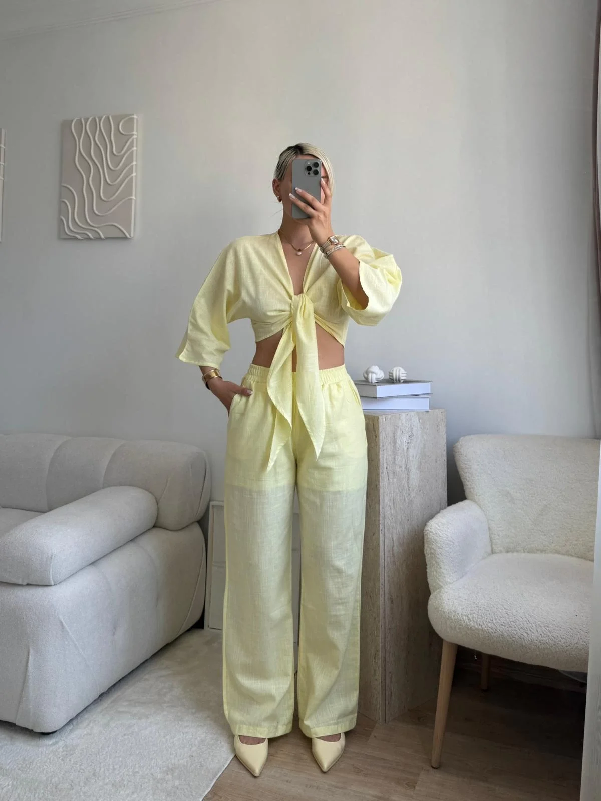 Bağlamalı Crop & Pantolon Takım - SARI