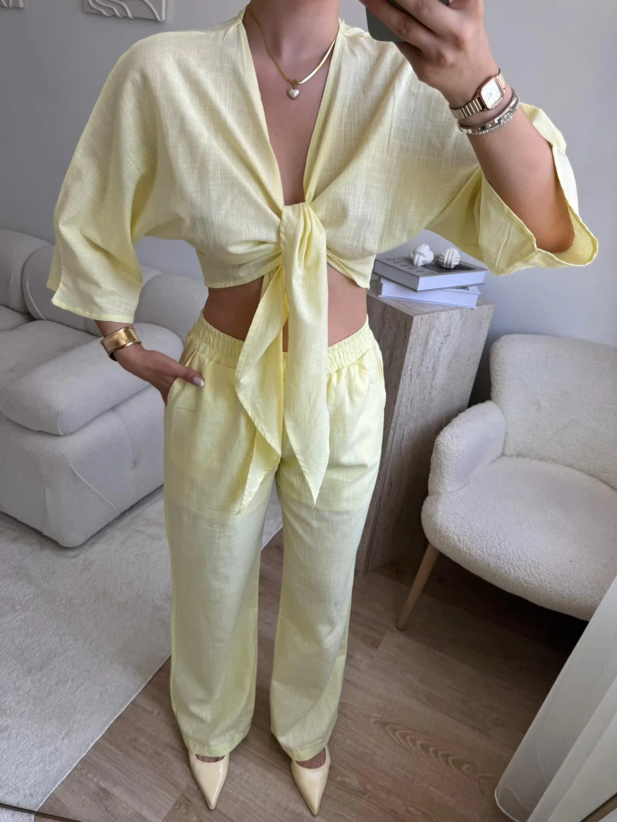 Bağlamalı Crop & Pantolon Takım - SARI