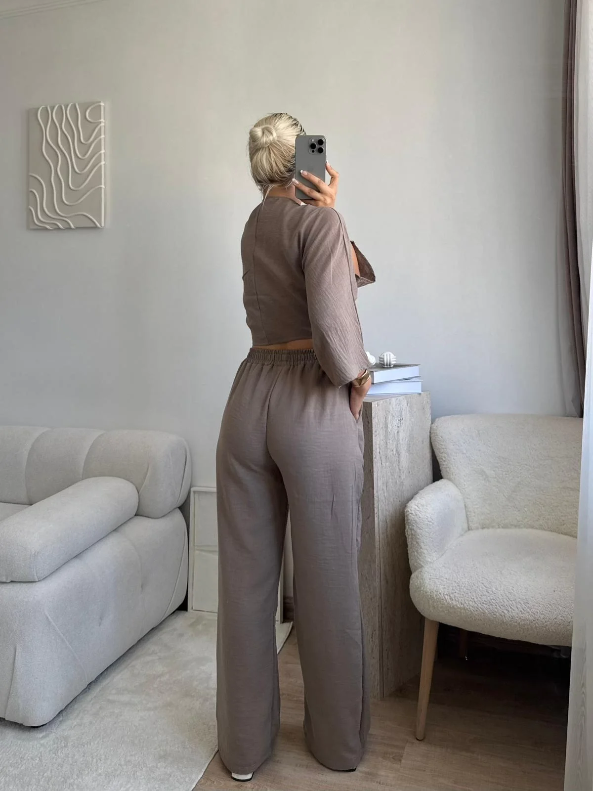 Bağlamalı Crop & Pantolon Takım - VİZON