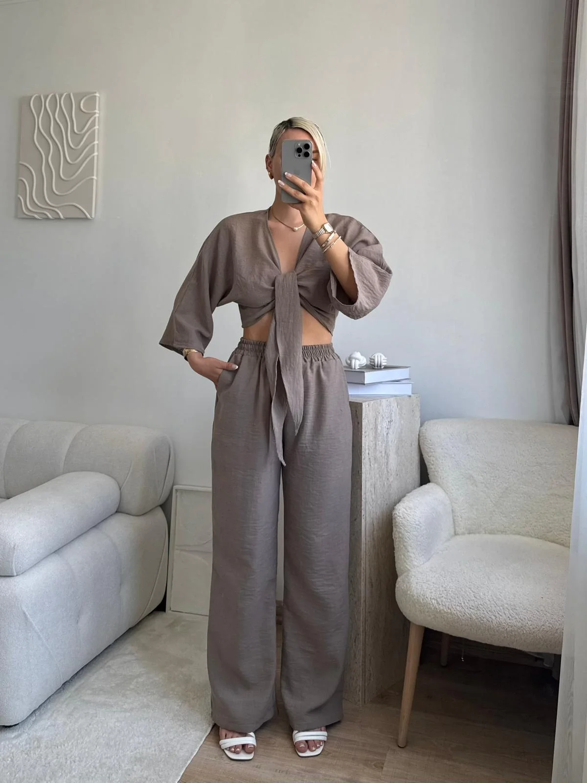 Bağlamalı Crop & Pantolon Takım - VİZON