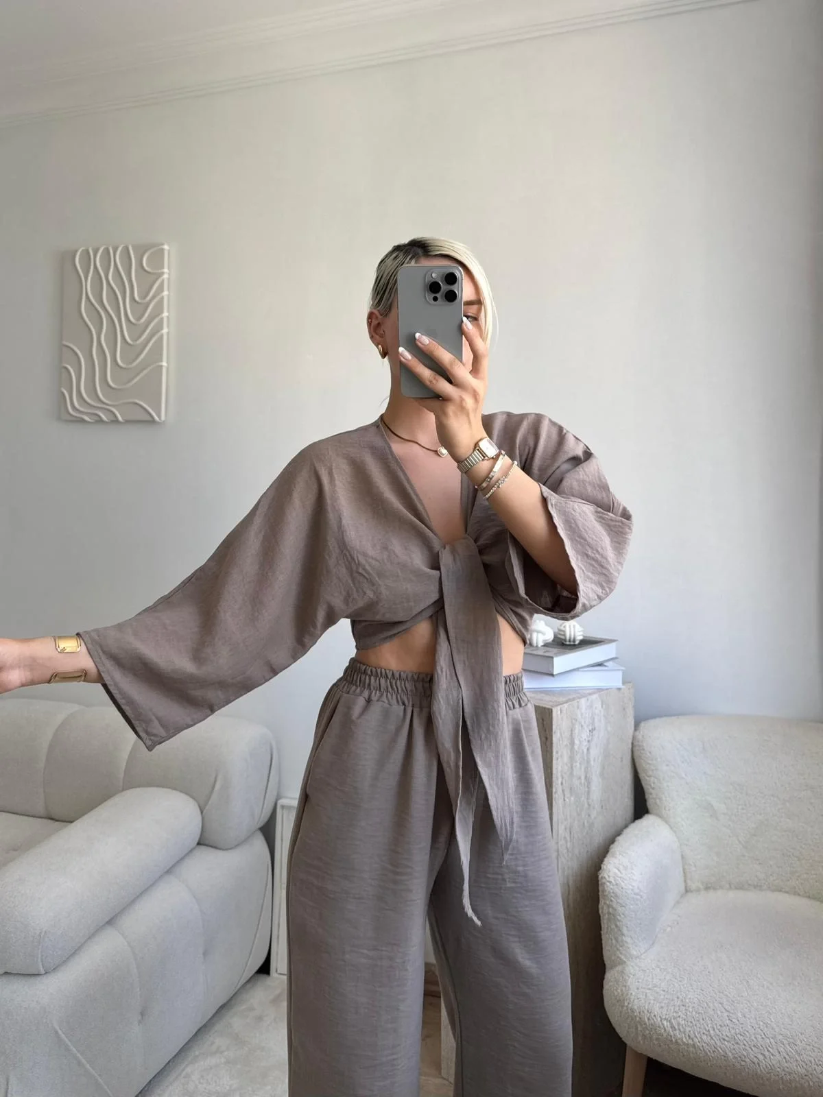 Bağlamalı Crop & Pantolon Takım - VİZON