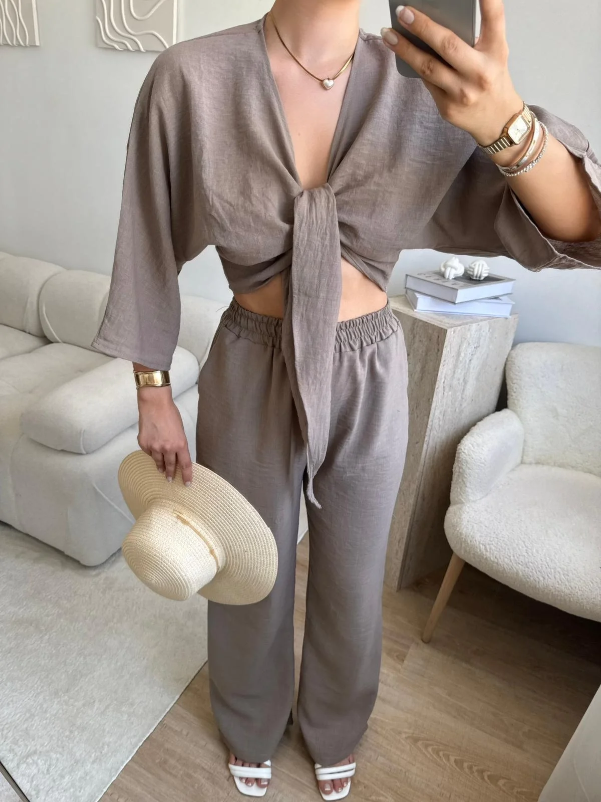 Bağlamalı Crop & Pantolon Takım - VİZON