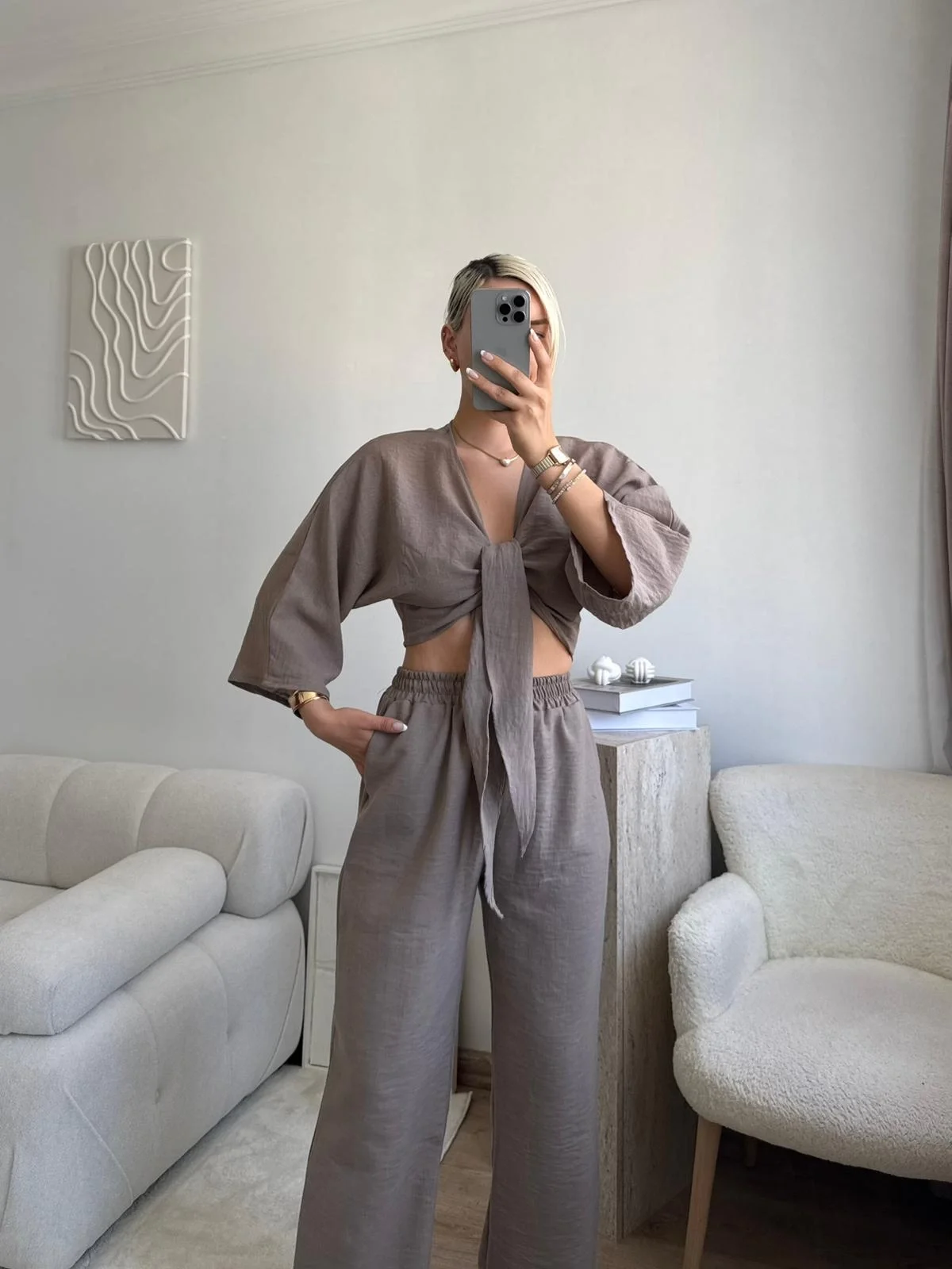 Bağlamalı Crop & Pantolon Takım - VİZON