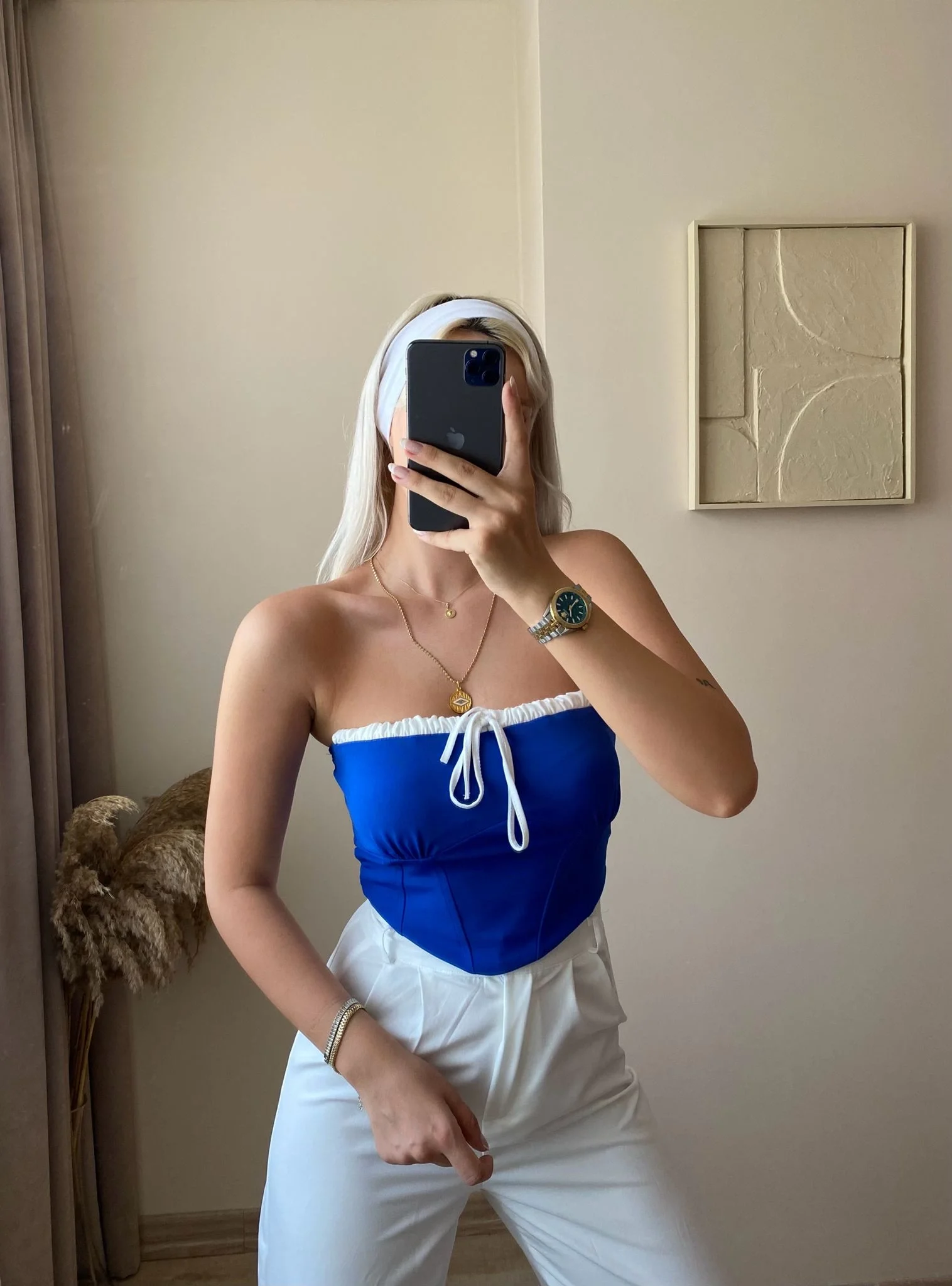 Bağlamalı Straplez Crop-Saks MAVİ