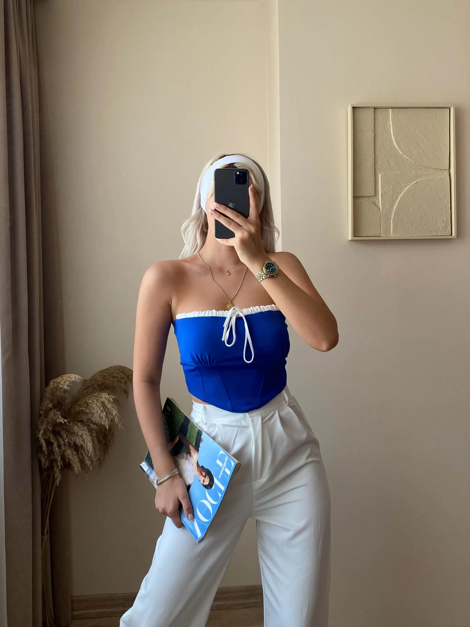 Bağlamalı Straplez Crop-Saks MAVİ