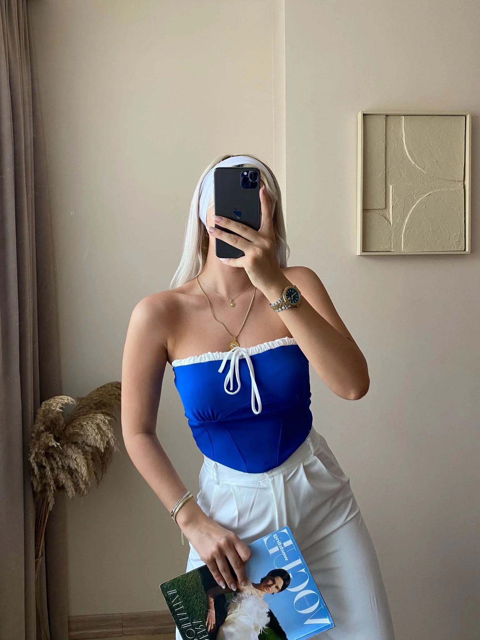 Bağlamalı Straplez Crop-Saks MAVİ