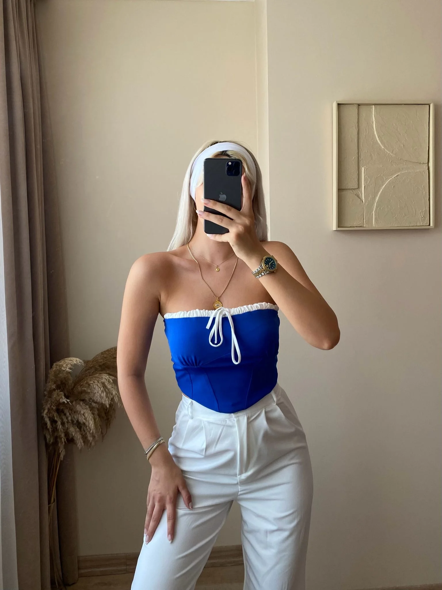 Bağlamalı Straplez Crop-Saks MAVİ