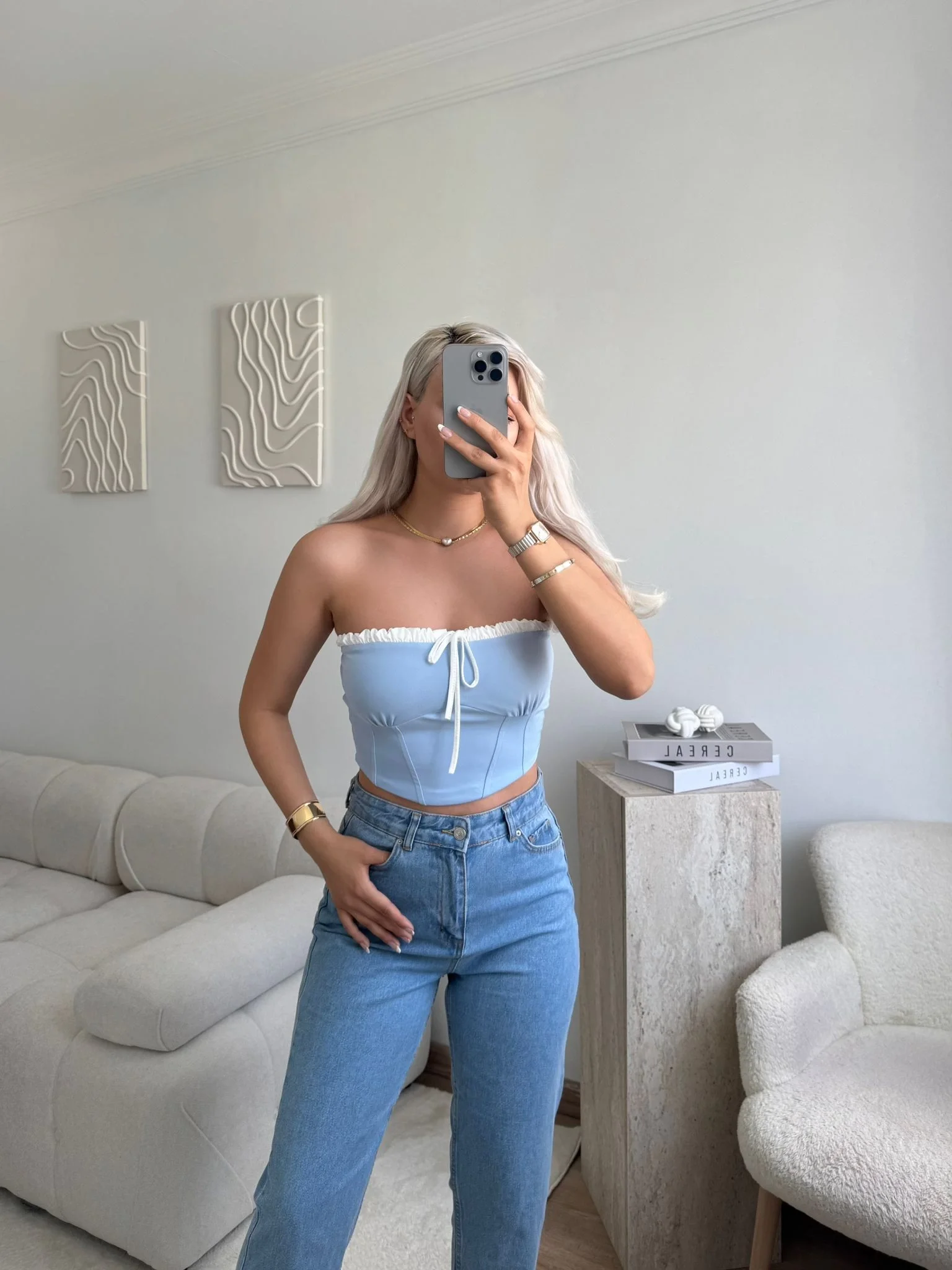 Bağlamalı Straplez Crop-Bebe Mavi