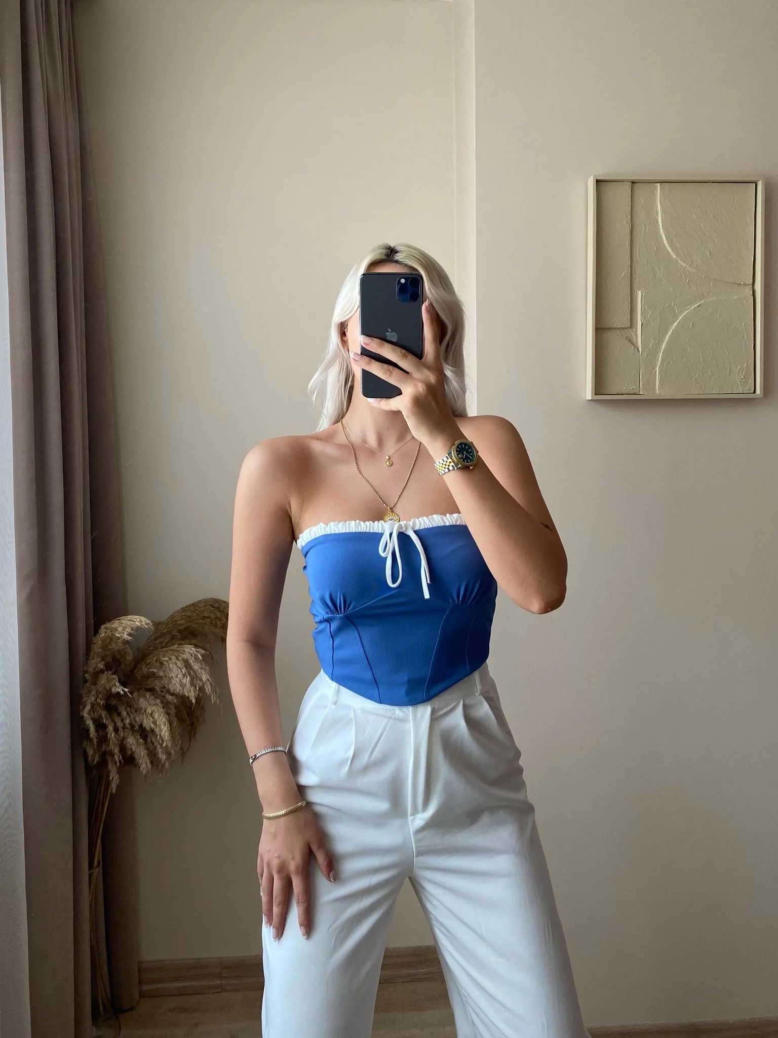 Bağlamalı Straplez Crop-Gök Mavisi