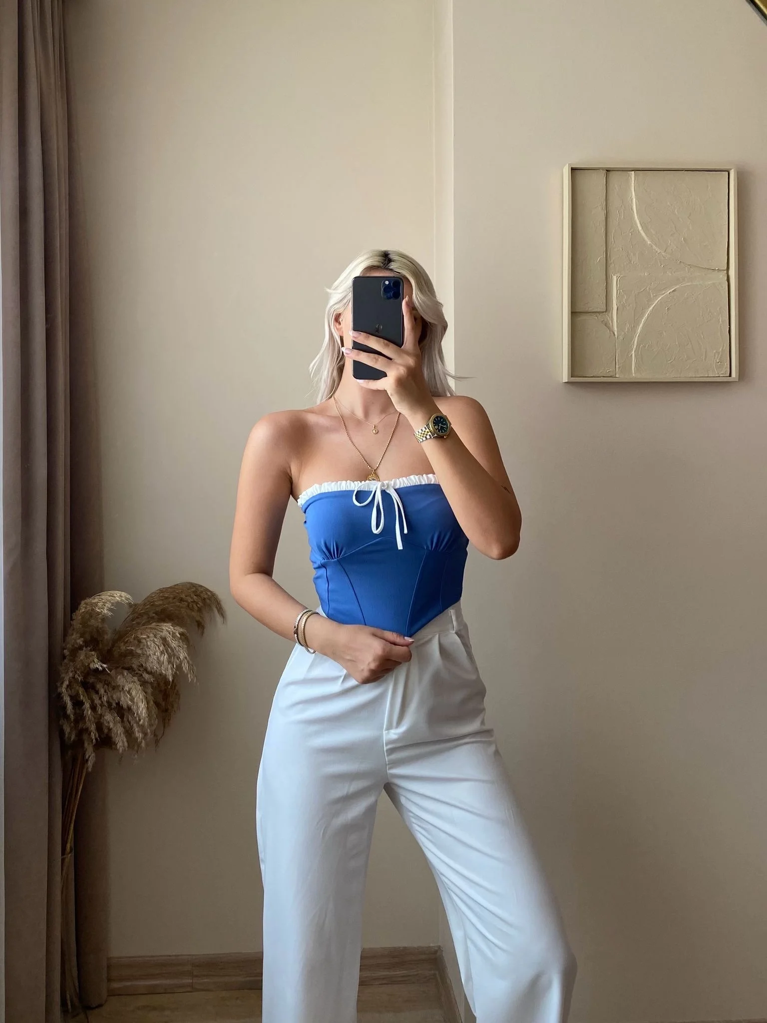 Bağlamalı Straplez Crop-Gök Mavisi