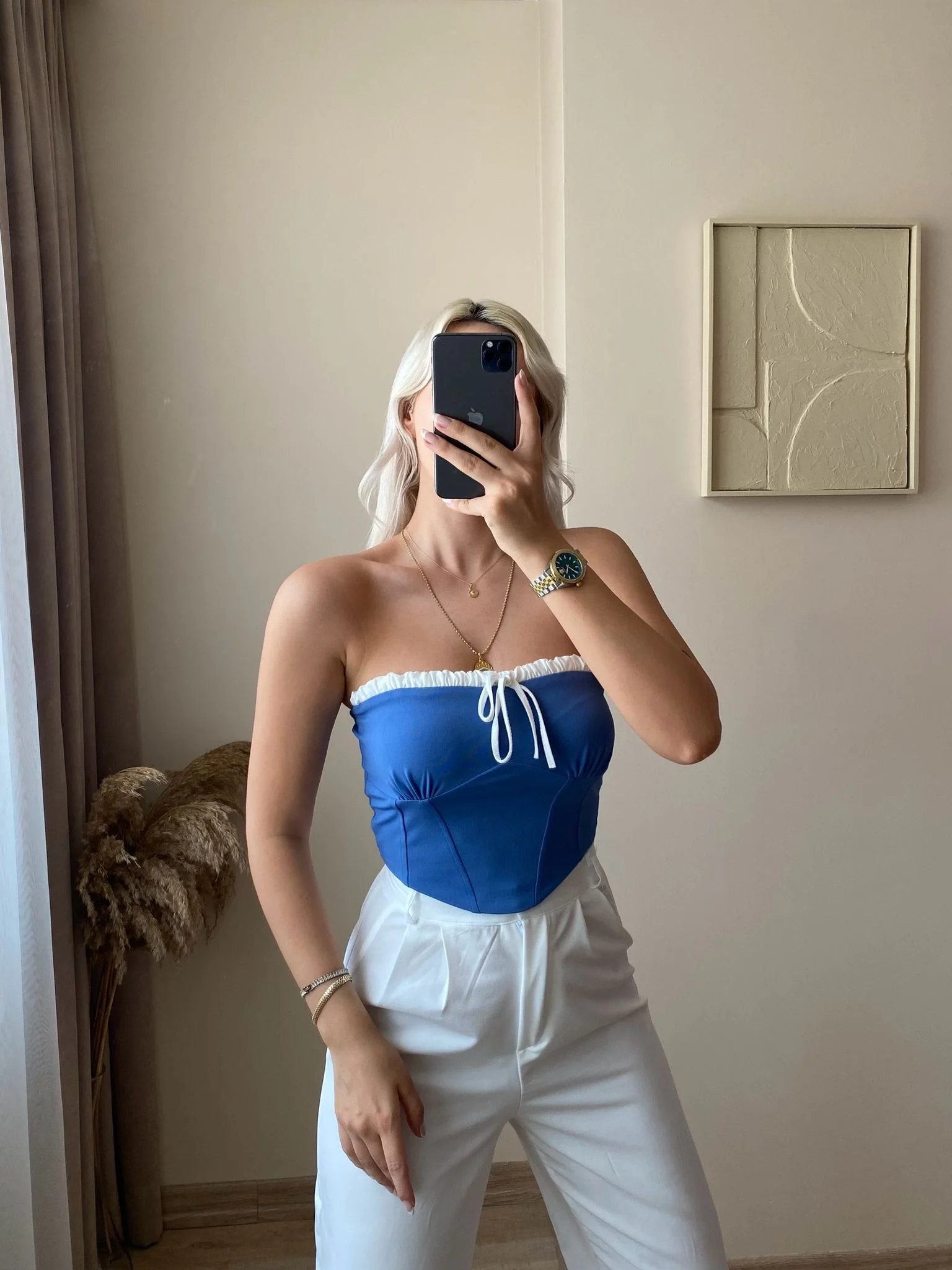 Bağlamalı Straplez Crop-Gök Mavisi