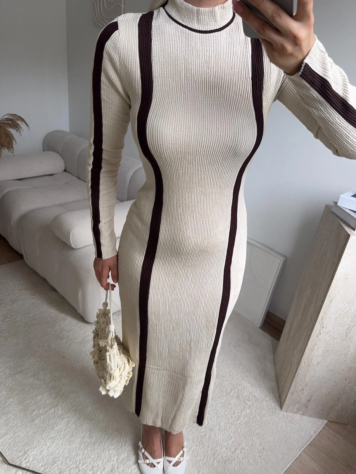 Balıkçı Yaka Garnili Elbise - BEJ