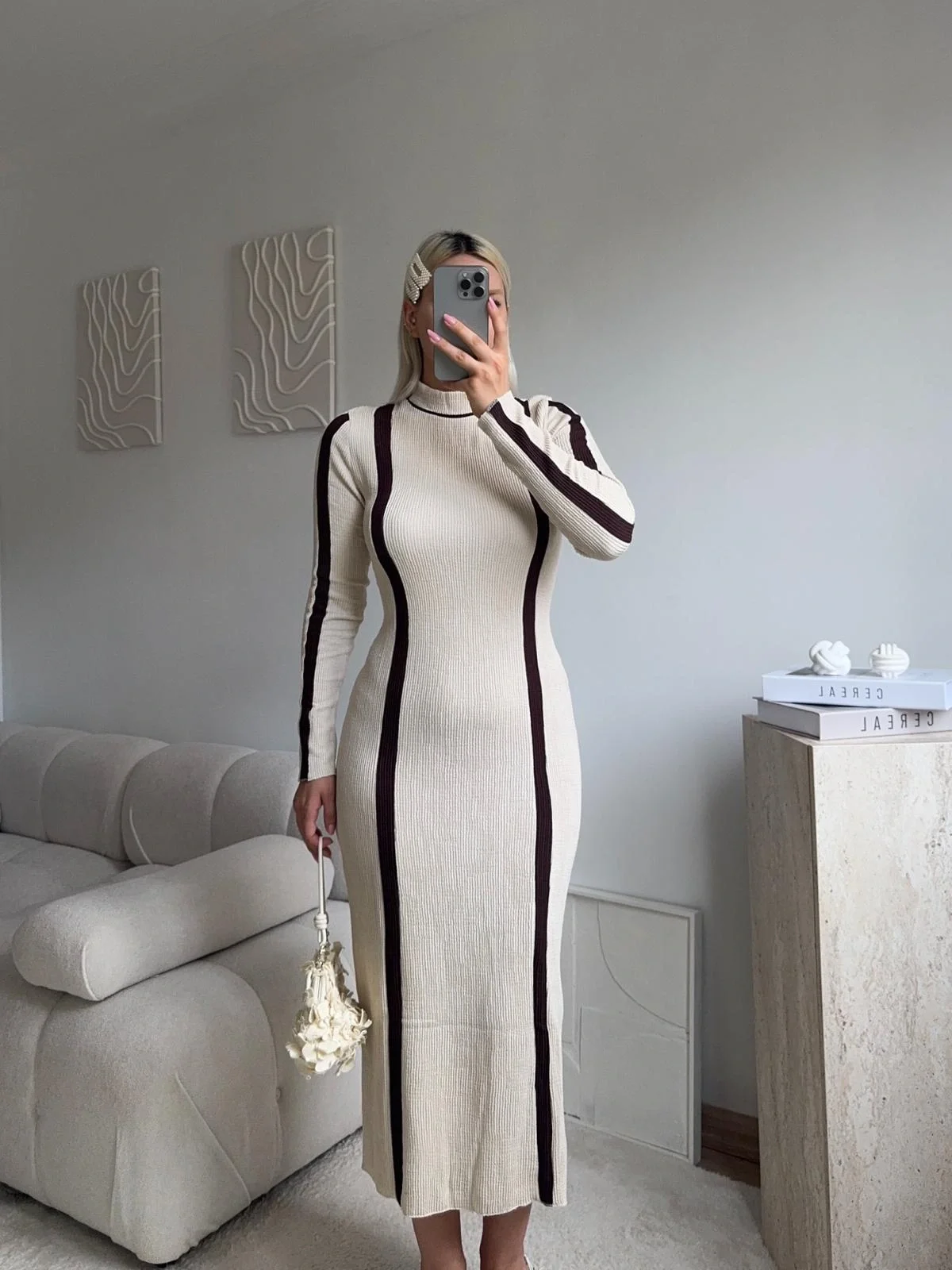 Balıkçı Yaka Garnili Elbise - BEJ