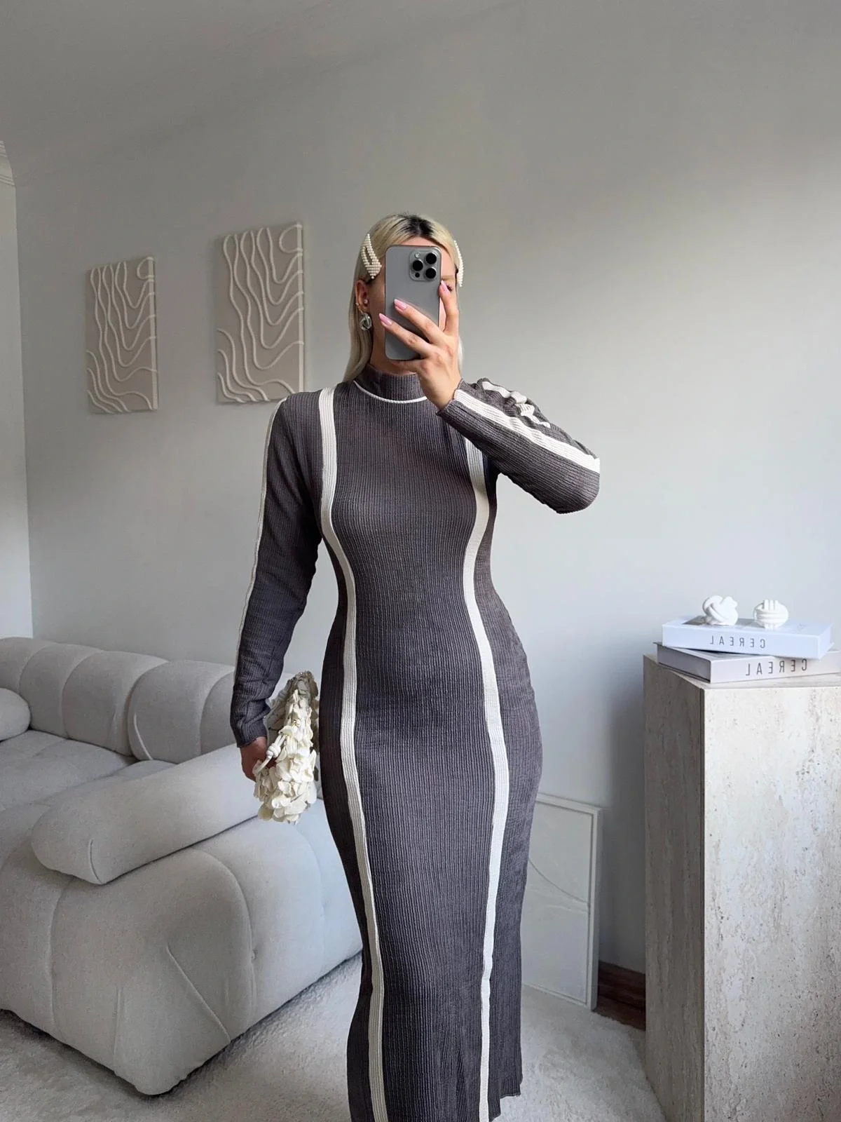 Balıkçı Yaka Garnili Elbise - GRİ