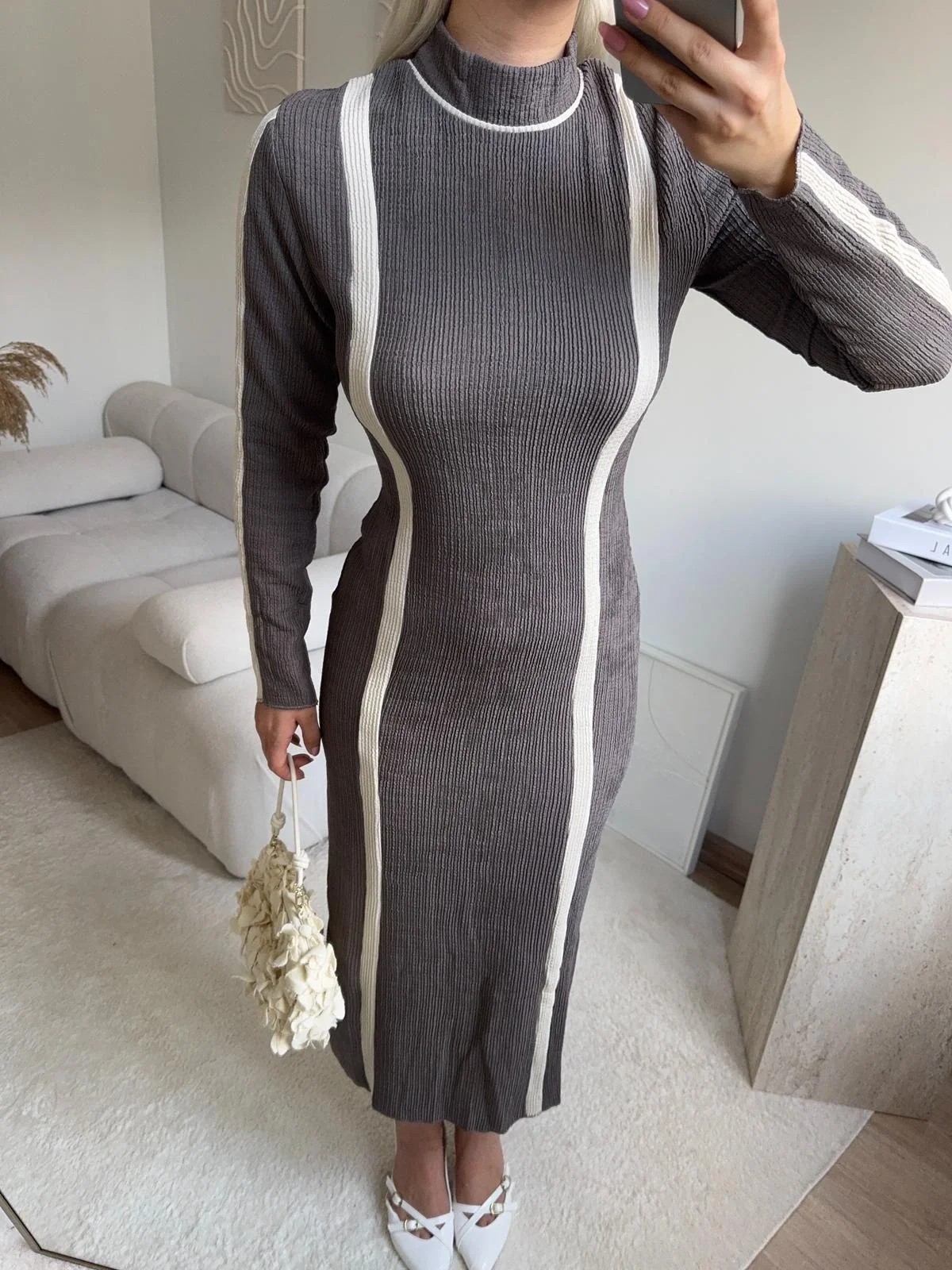 Balıkçı Yaka Garnili Elbise - GRİ