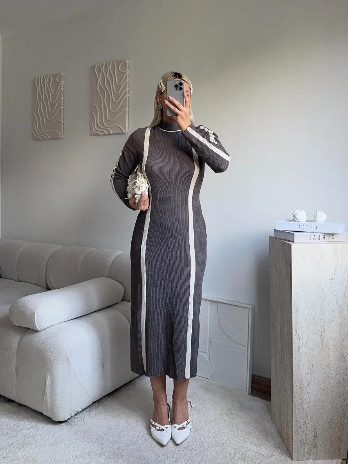 Balıkçı Yaka Garnili Elbise - GRİ