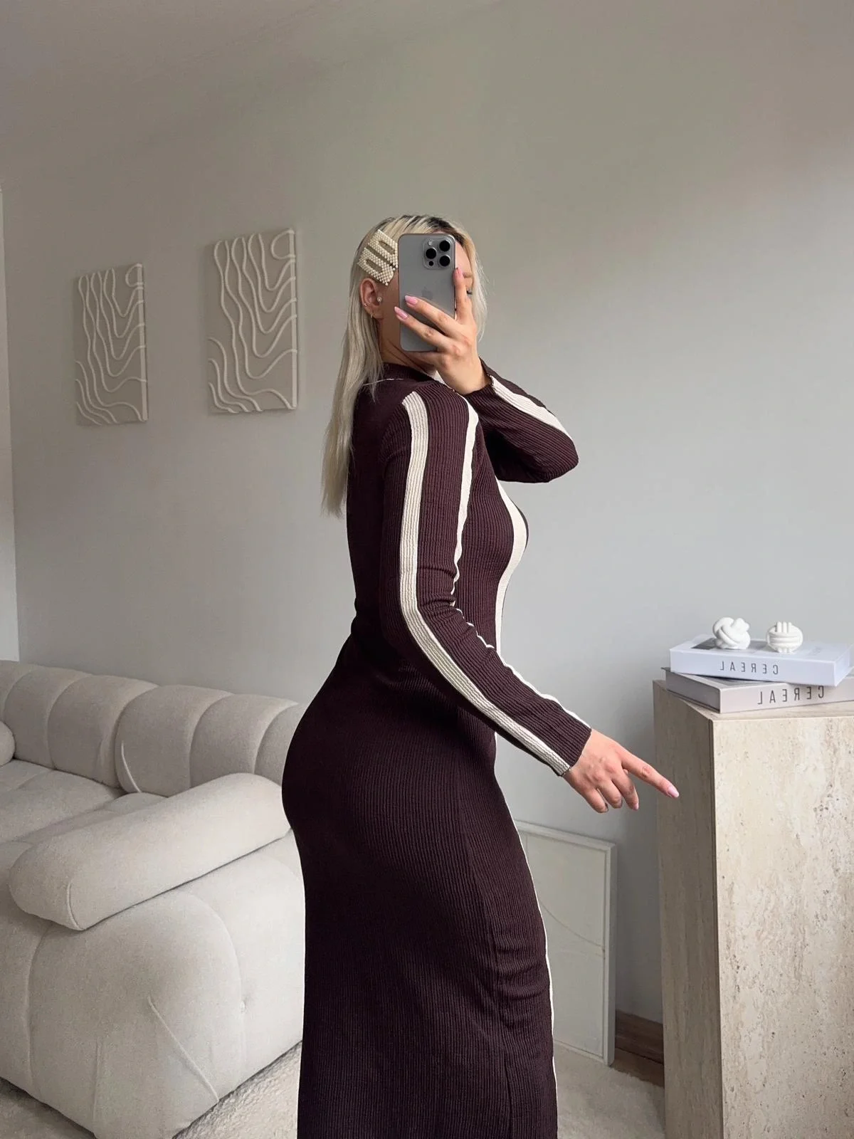 Balıkçı Yaka Garnili Elbise - KAHVE