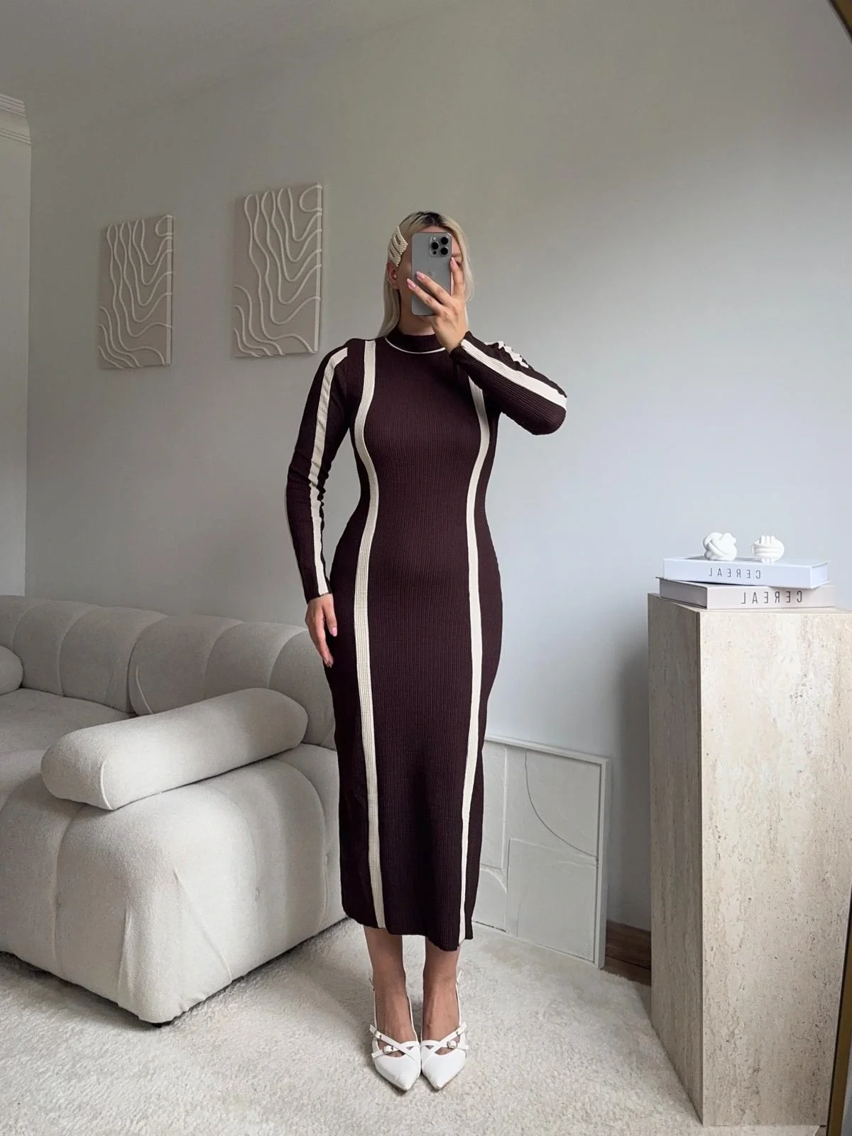 Balıkçı Yaka Garnili Elbise - KAHVE