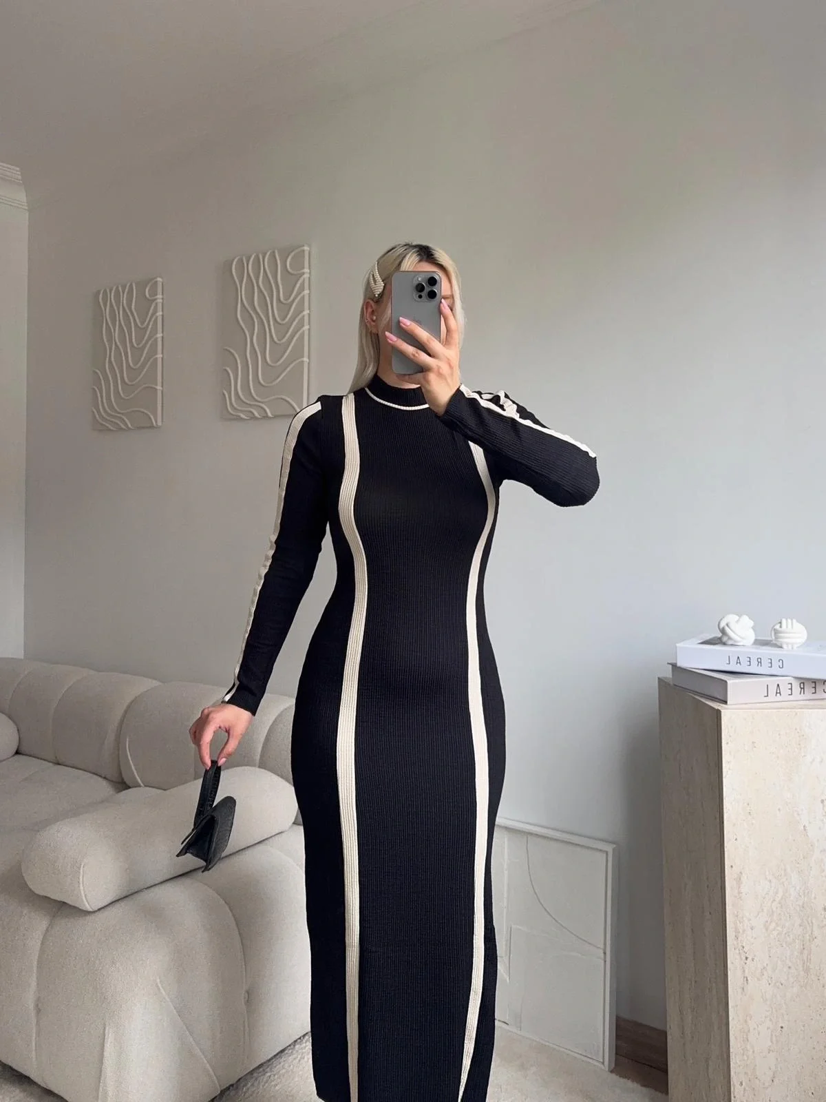 Balıkçı Yaka Garnili Elbise - SİYAH