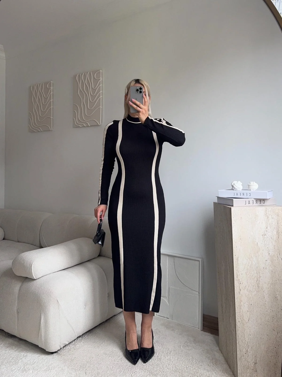 Balıkçı Yaka Garnili Elbise - SİYAH