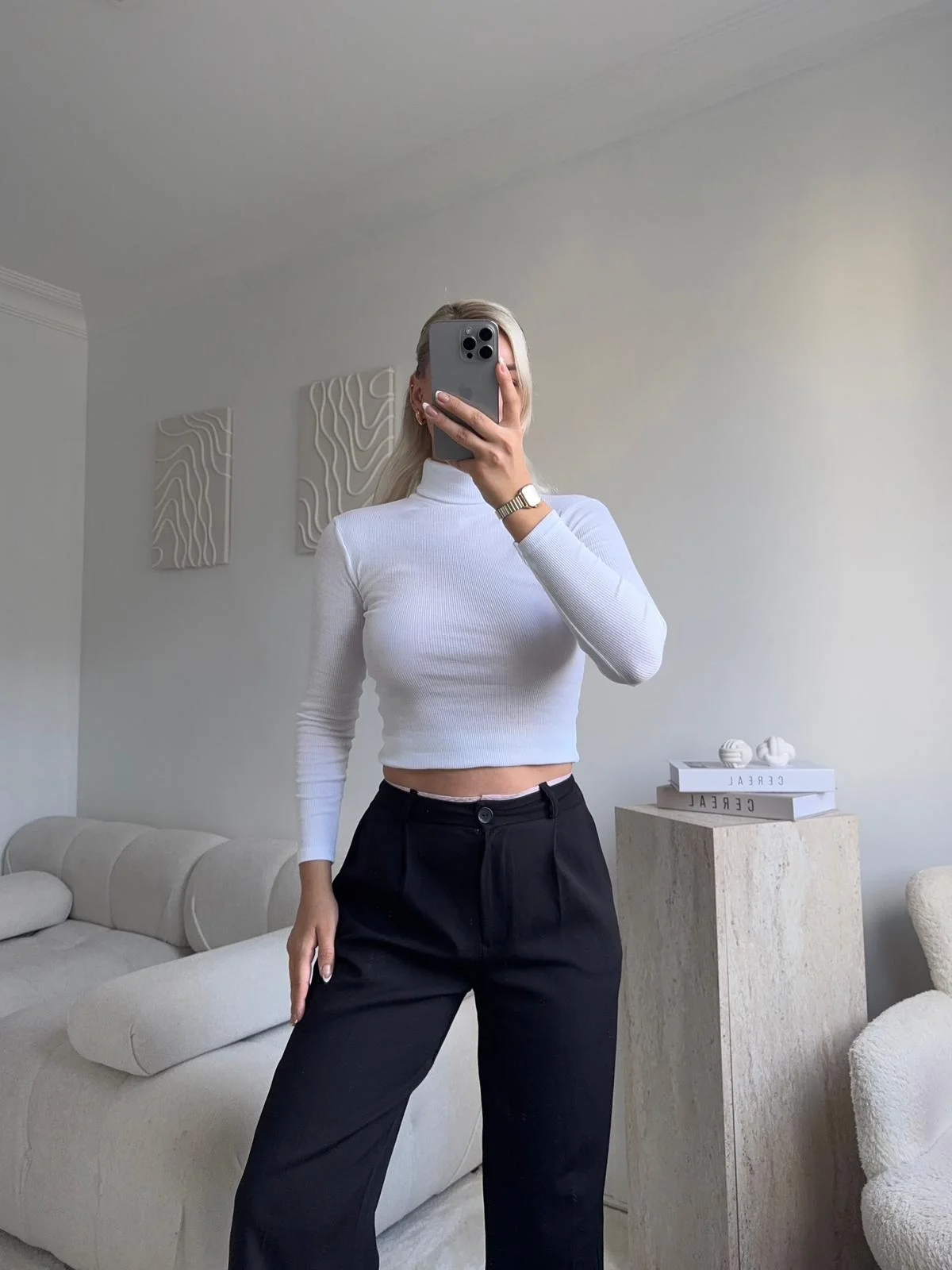 Basic Balıkçı Yaka Fit Bluz - BEYAZ