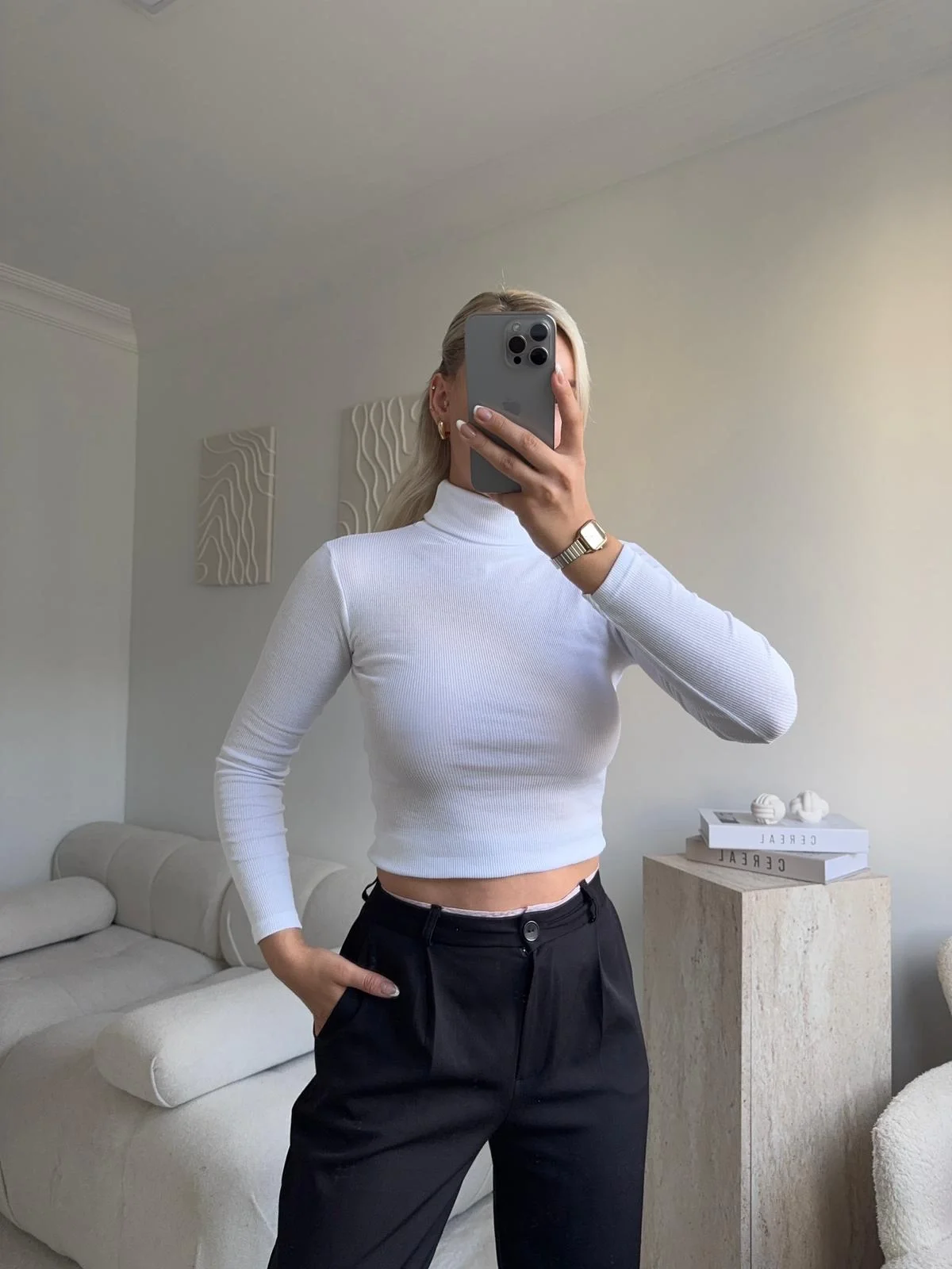 Basic Balıkçı Yaka Fit Bluz - BEYAZ