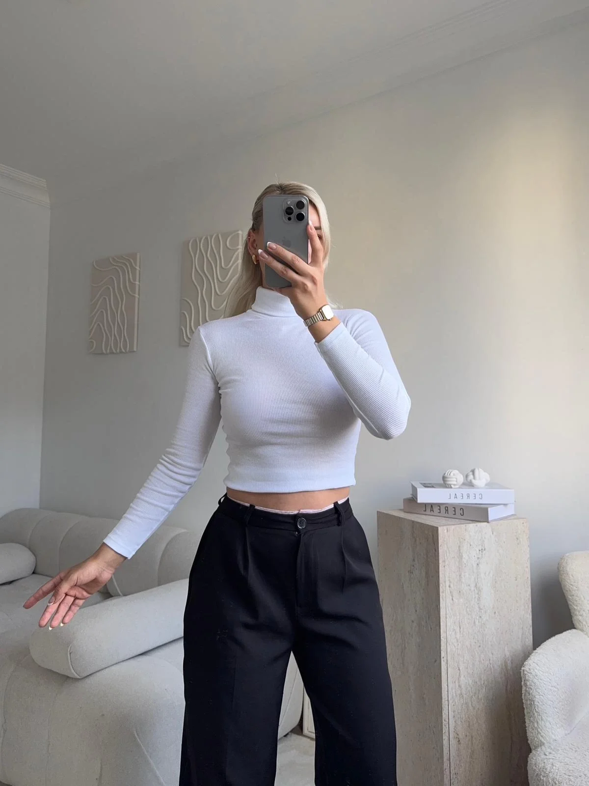 Basic Balıkçı Yaka Fit Bluz - BEYAZ