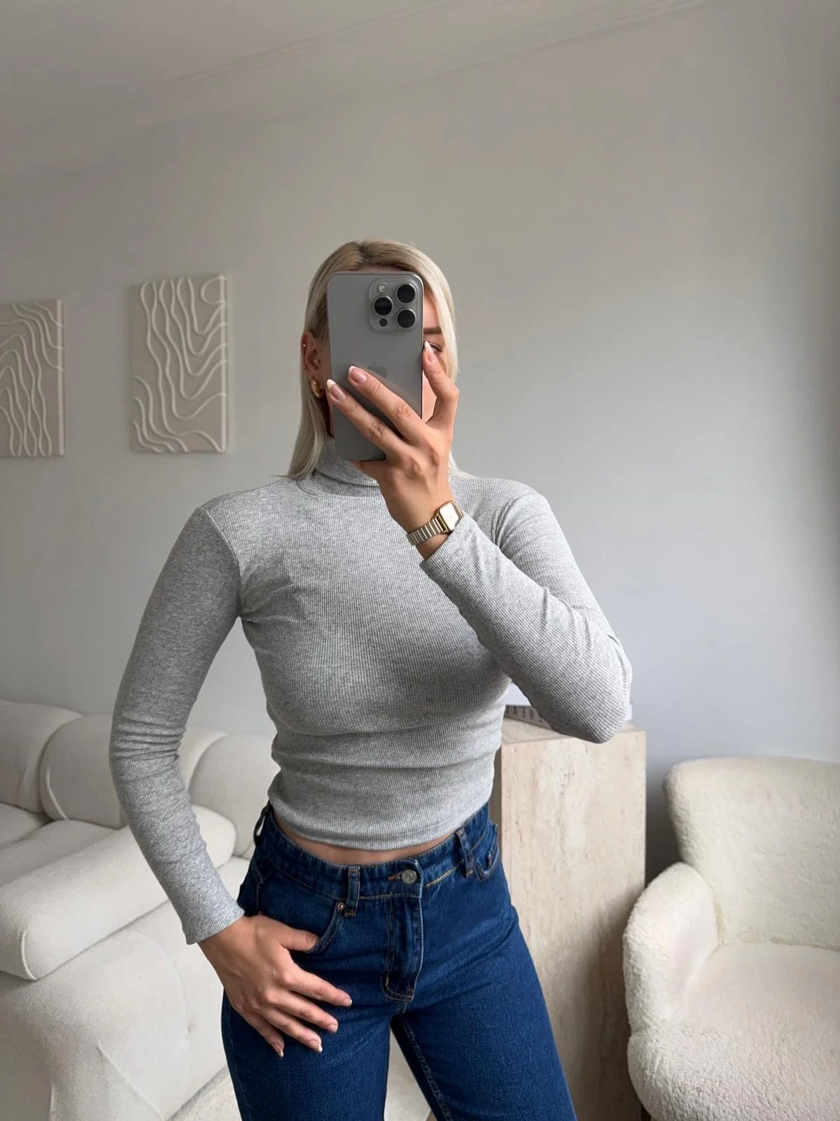 Basic Balıkçı Yaka Fit Bluz - GRİ