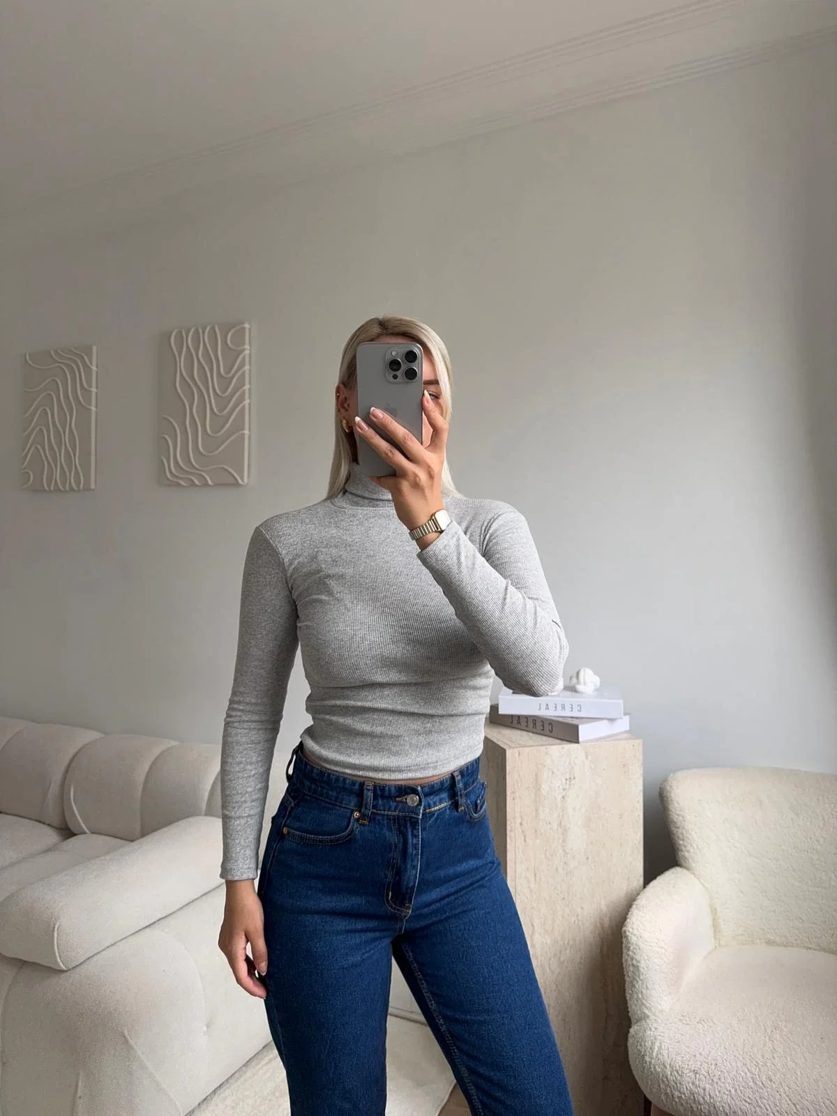 Basic Balıkçı Yaka Fit Bluz - GRİ