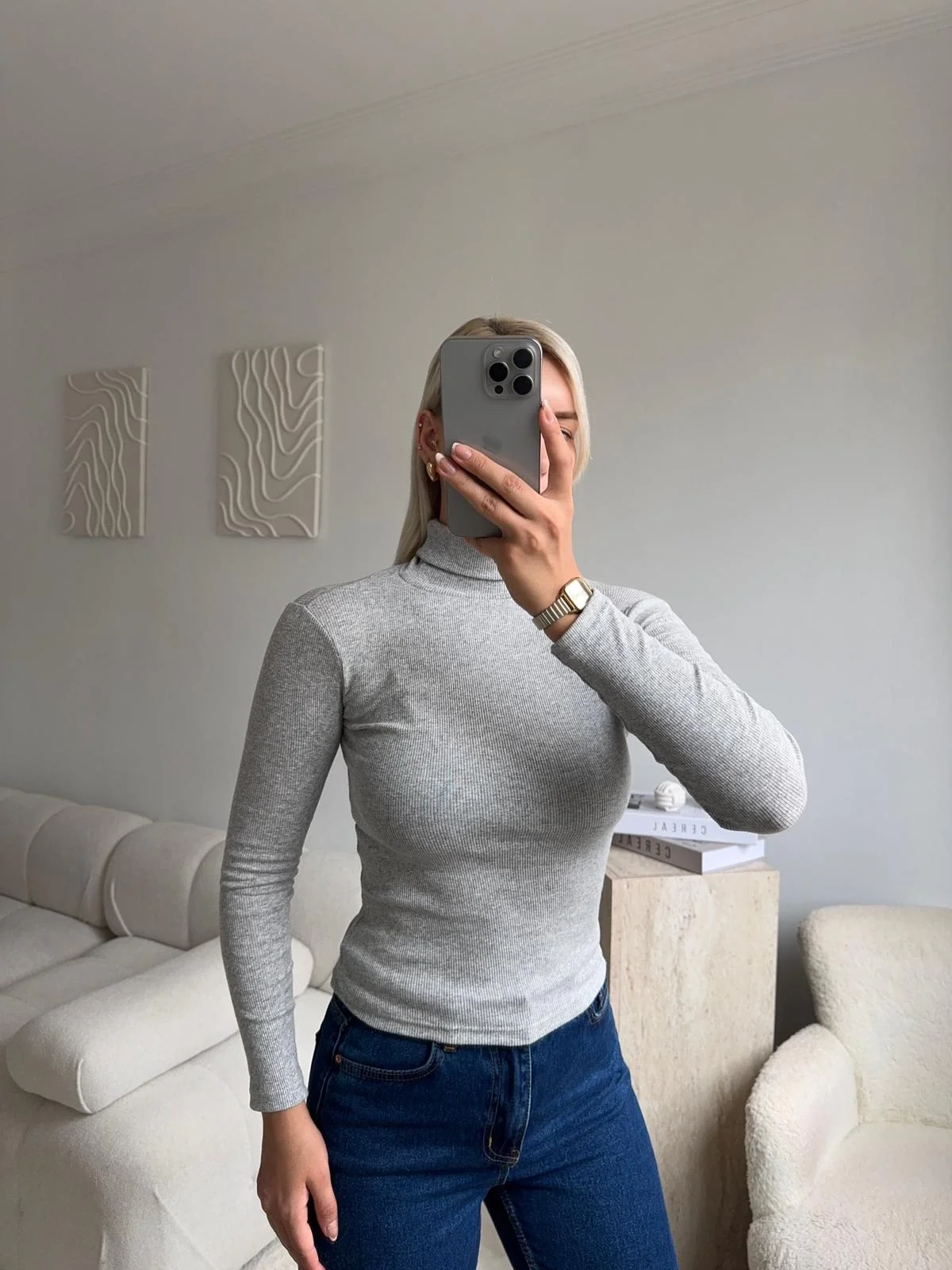 Basic Balıkçı Yaka Fit Bluz - GRİ