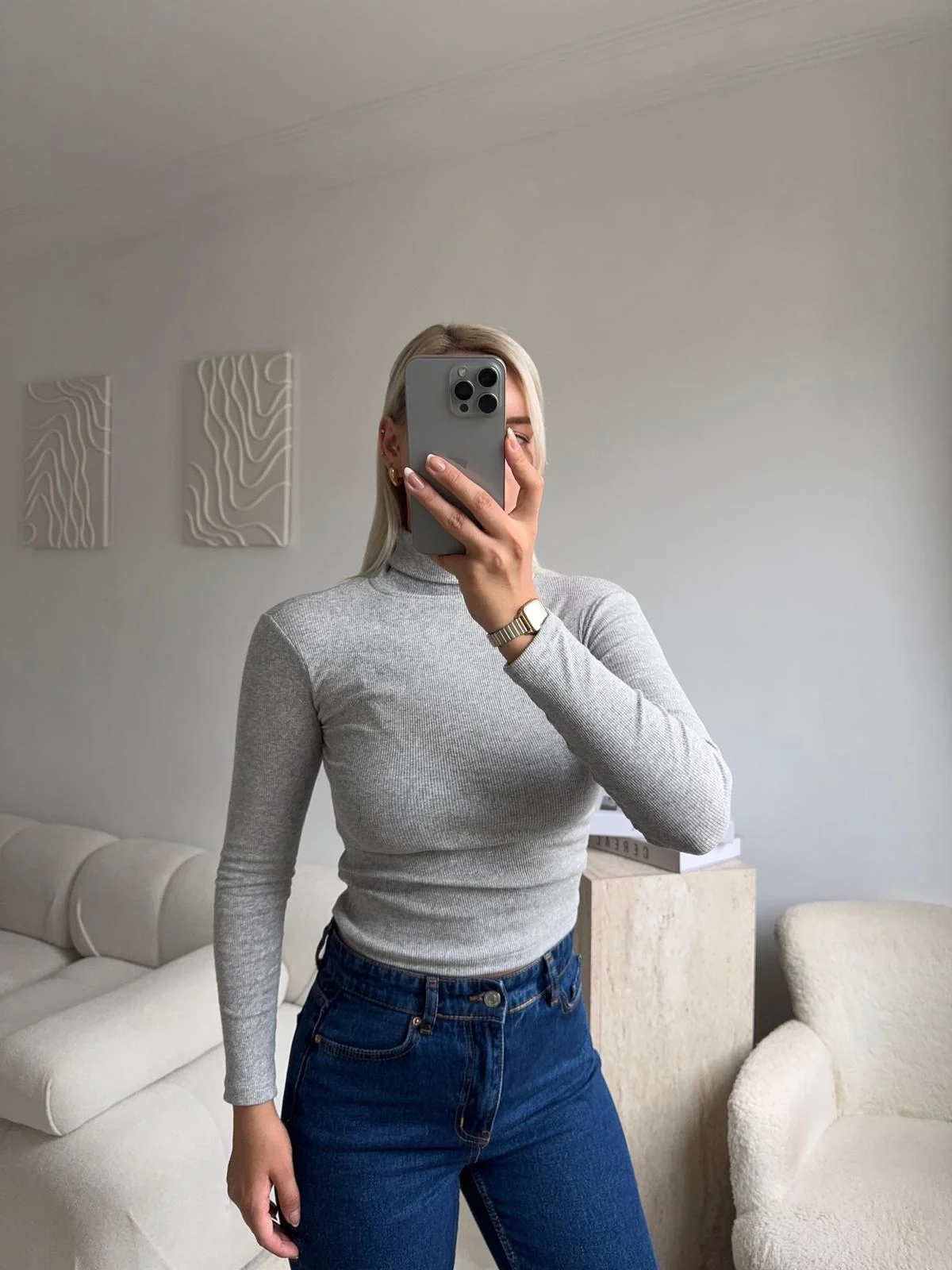 Basic Balıkçı Yaka Fit Bluz - GRİ