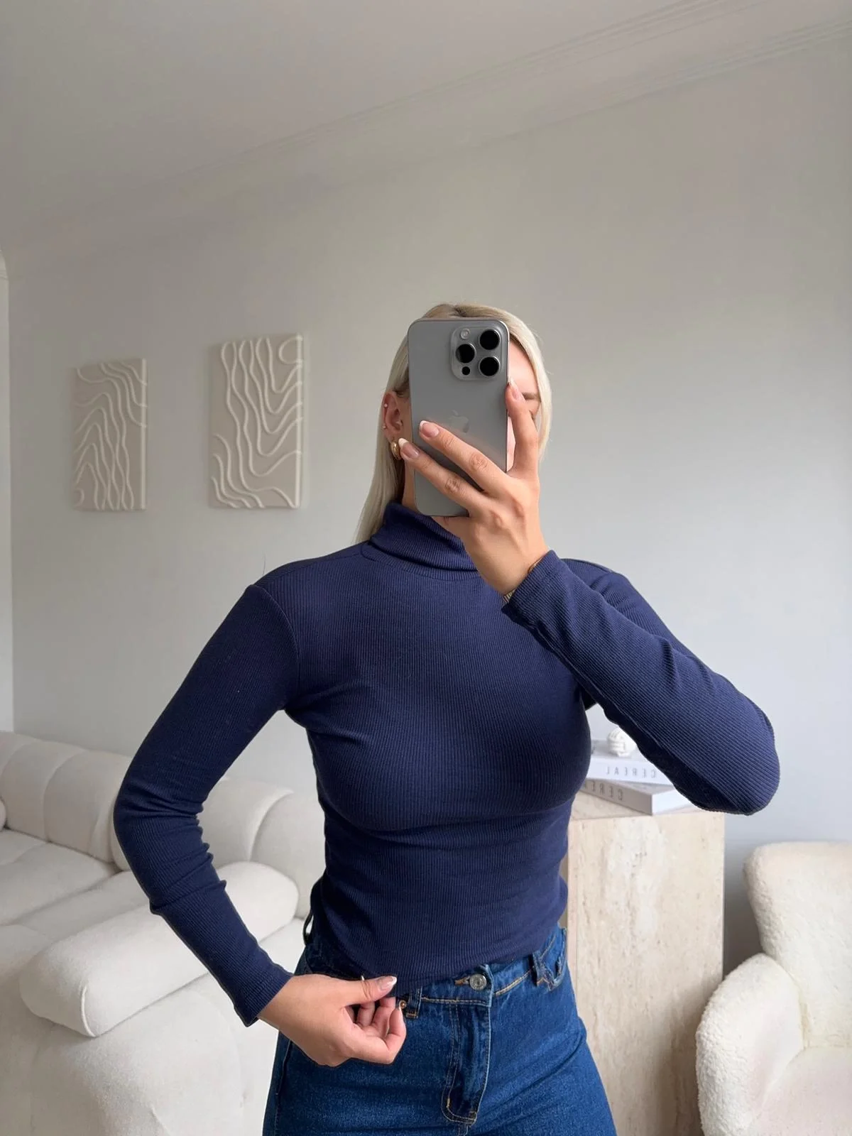 Basic Balıkçı Yaka Fit Bluz - LACİVERT