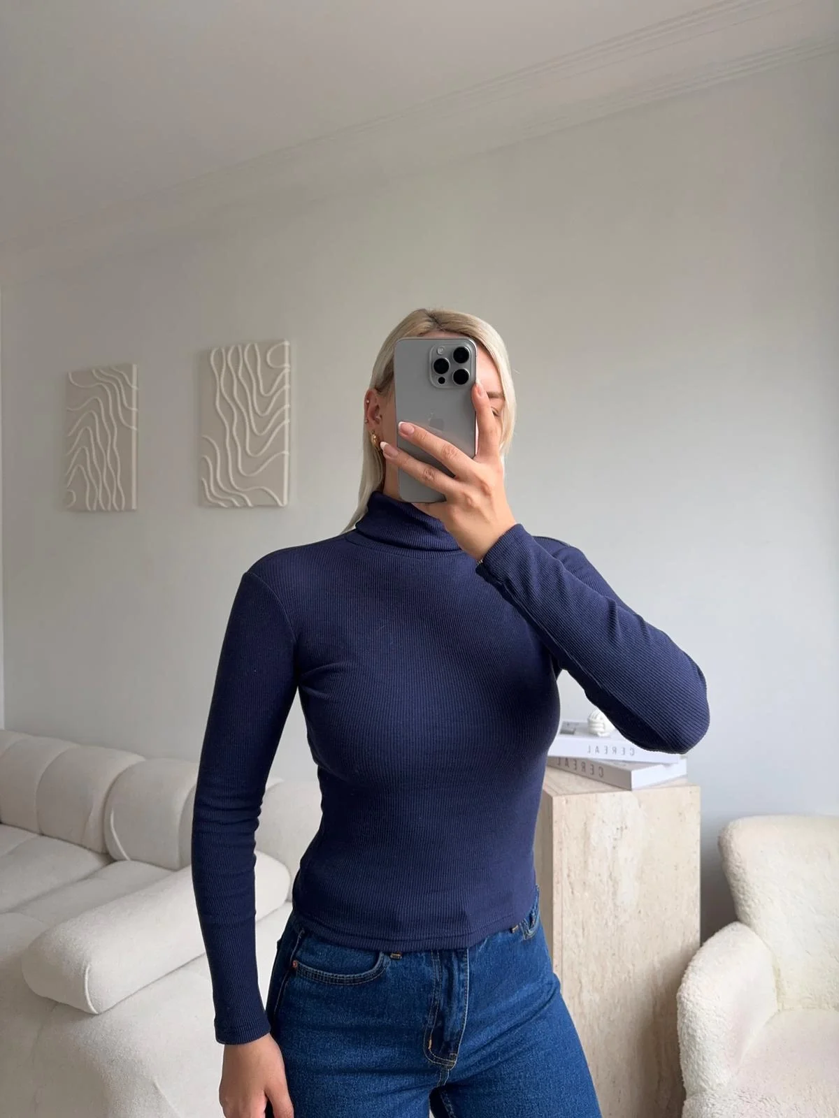 Basic Balıkçı Yaka Fit Bluz - LACİVERT