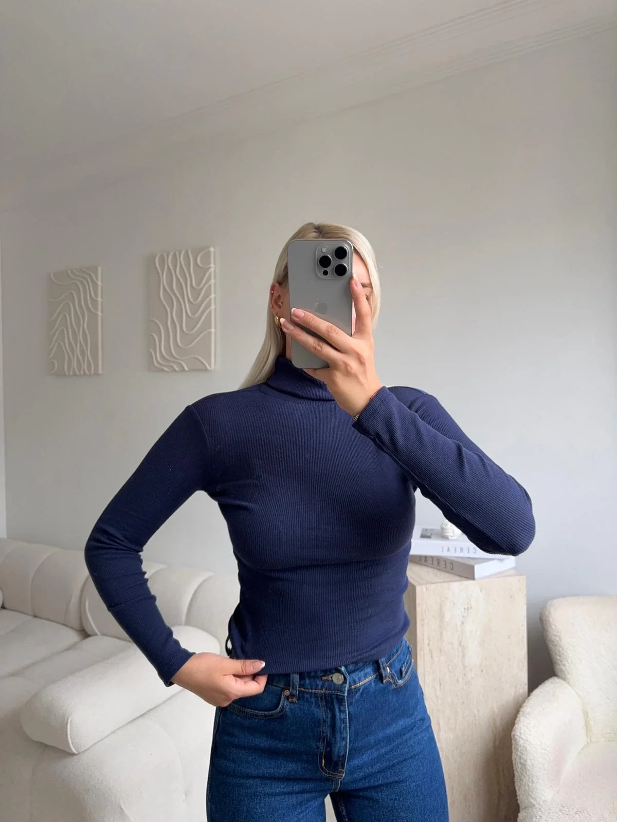 Basic Balıkçı Yaka Fit Bluz - LACİVERT