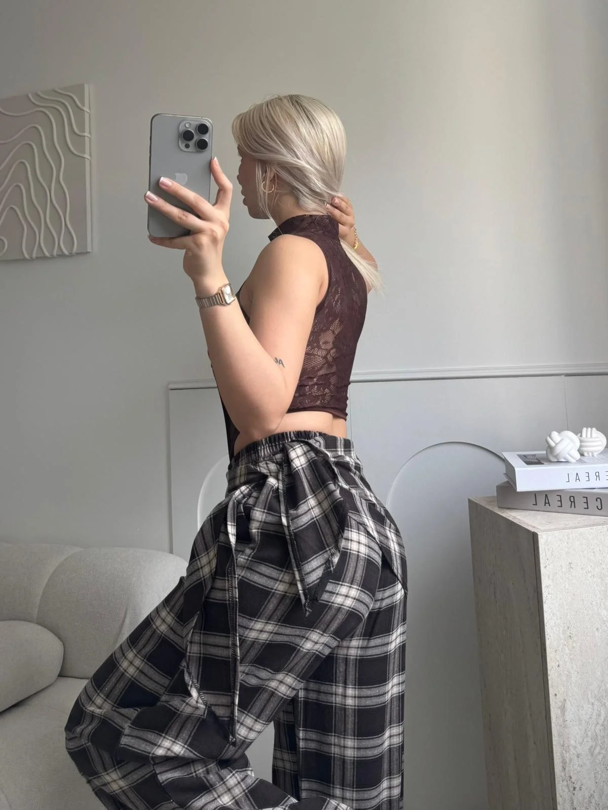 Bel Fular Ekose Pantolon - LACİVERT