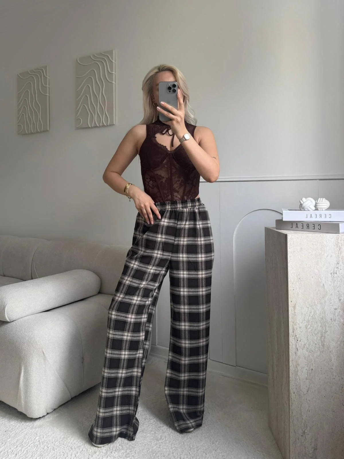 Bel Fular Ekose Pantolon - LACİVERT