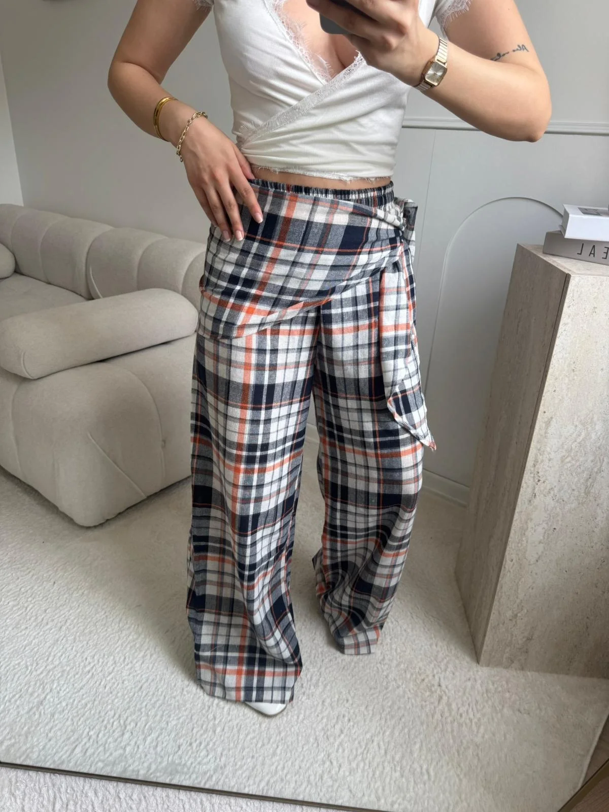 Bel Fular Ekose Pantolon - KAHVE