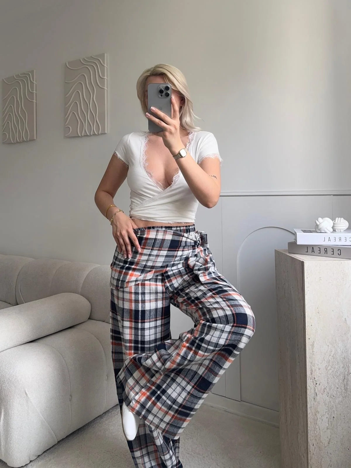 Bel Fular Ekose Pantolon - KAHVE
