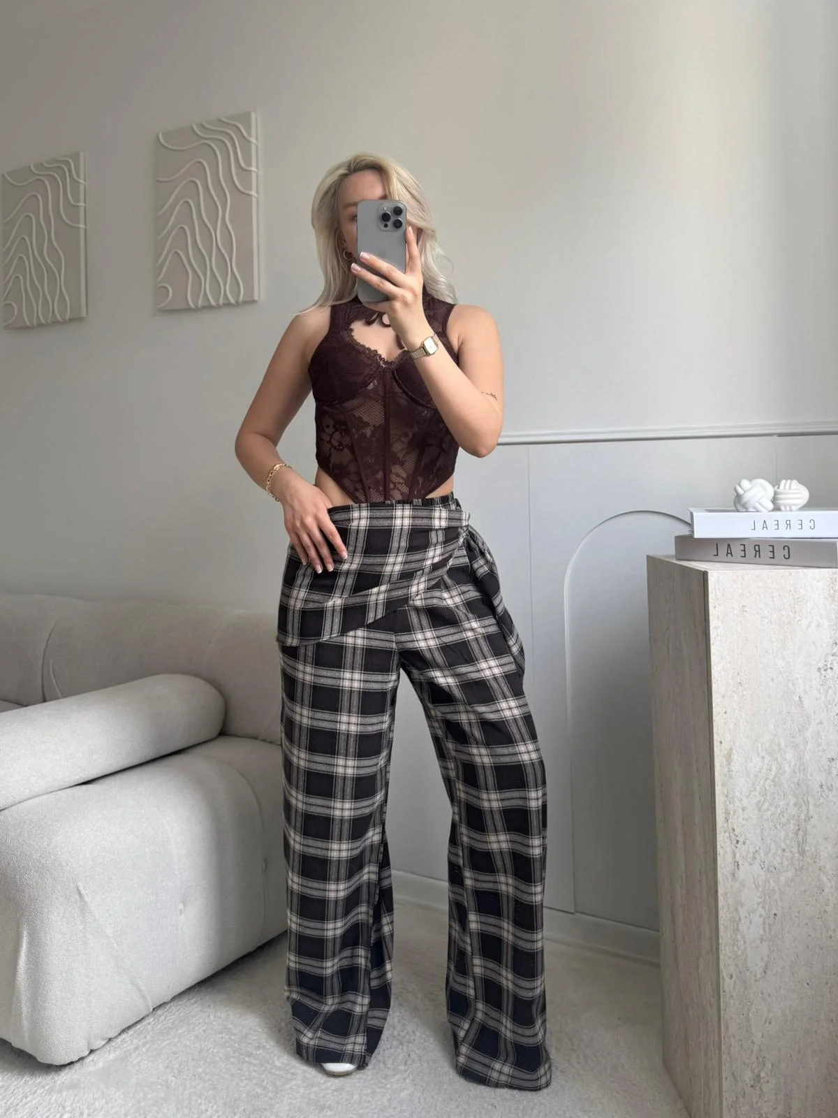Bel Fular Ekose Pantolon - LACİVERT
